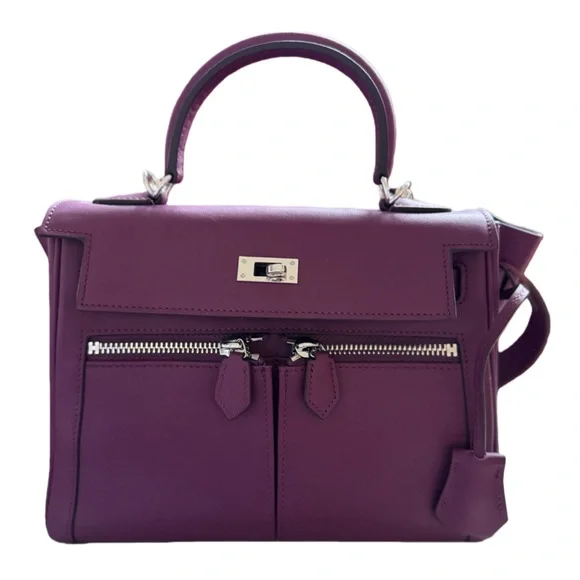Designer- style Purple Top-Grain Leather Handbag - Picture 1 of 10